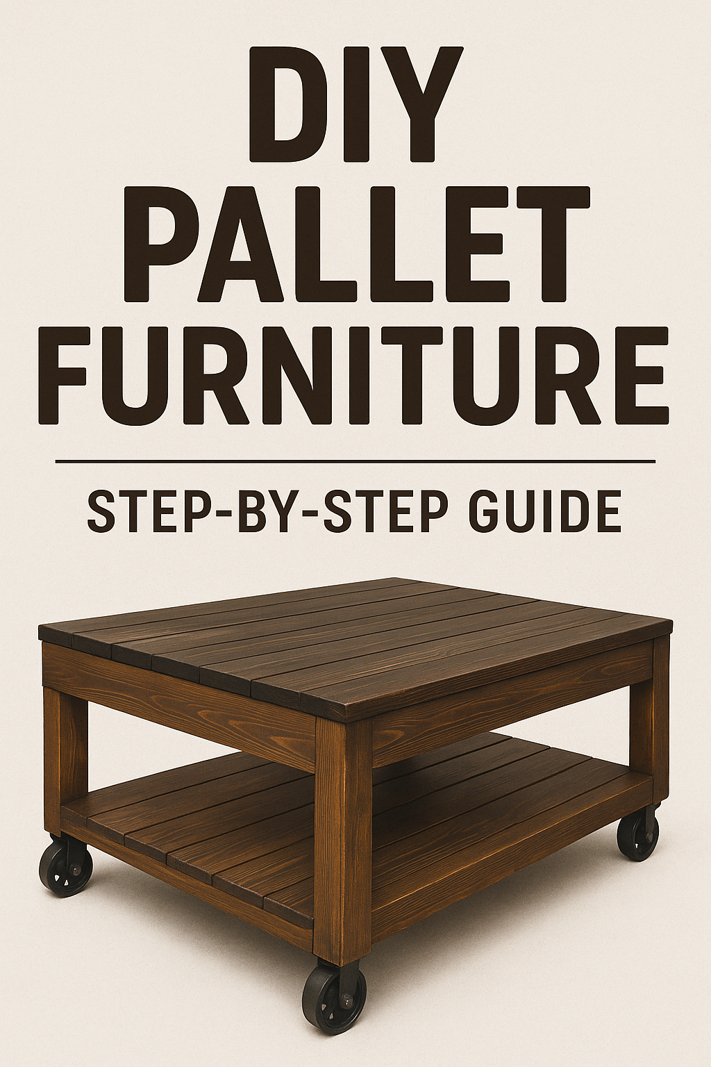 DIY pallet coffee table with wheels under large bold text “DIY Pallet Furniture Step-by-Step Guide” on cream background