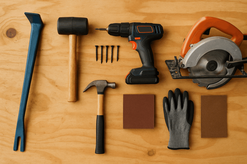  Tools laid out on plywood workbench before pallet disassembly