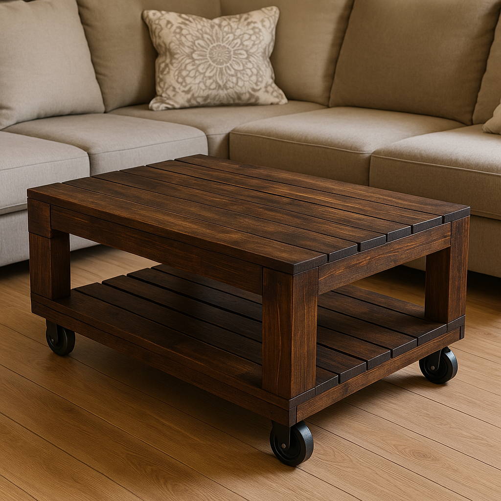 Pallet coffee table with wheels and dark wood stain