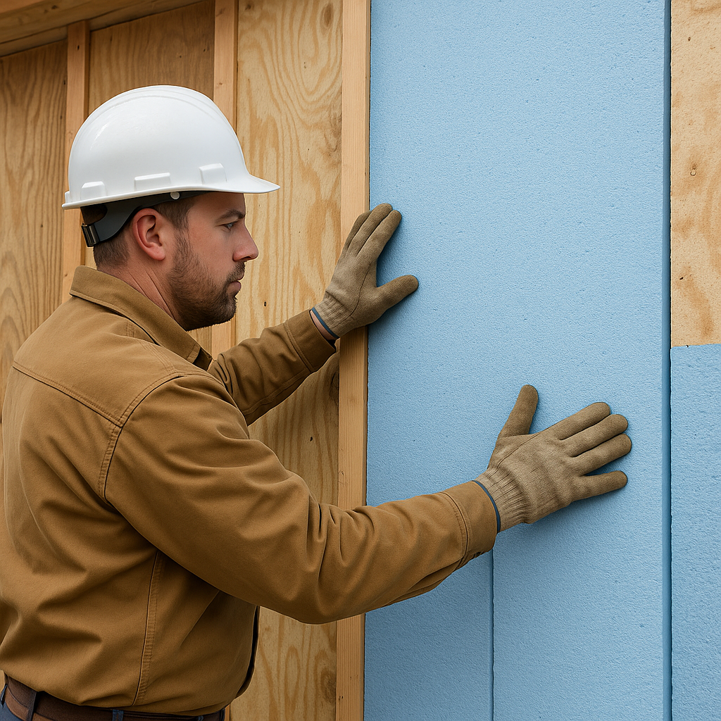 Contractor installing rigid foam board over plywood sheathing