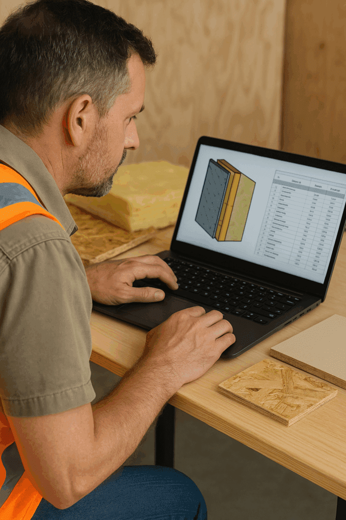 Builder reviewing insulation layers and thermal modeling software on laptop