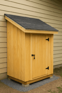 A compact lean-to shed made of light wood with a black shingle roof, built against a beige house.