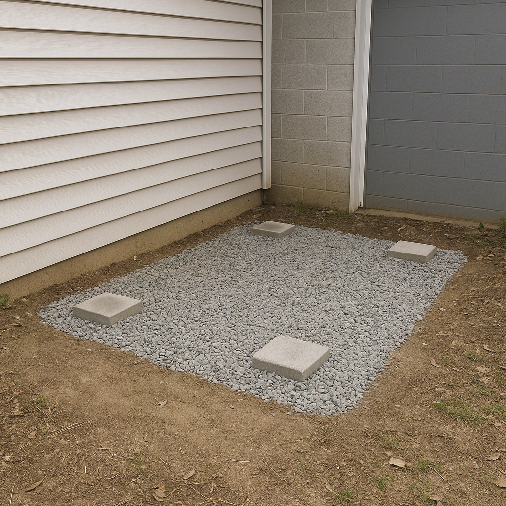Cleared area next to a garage wall with gravel base and concrete pavers.