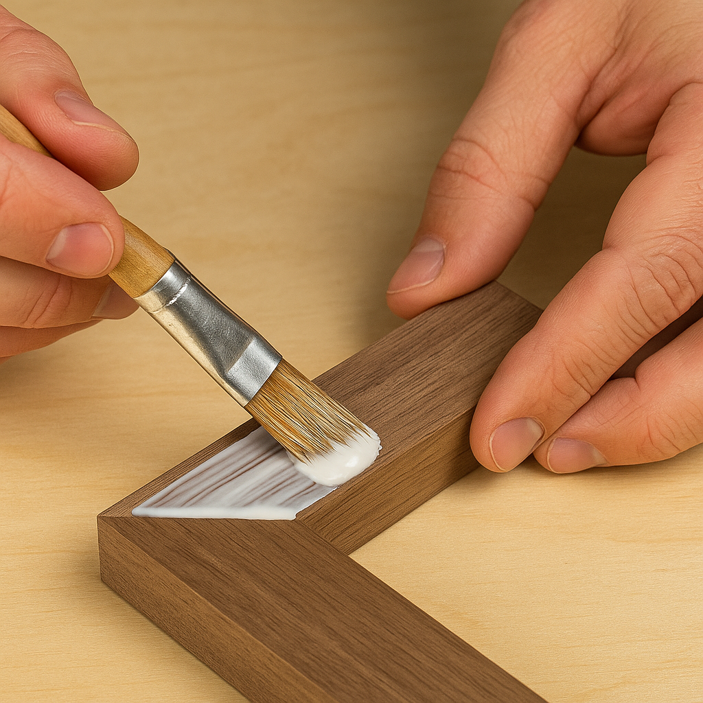 Carpenter brushing glue onto a freshly cut miter before clamping