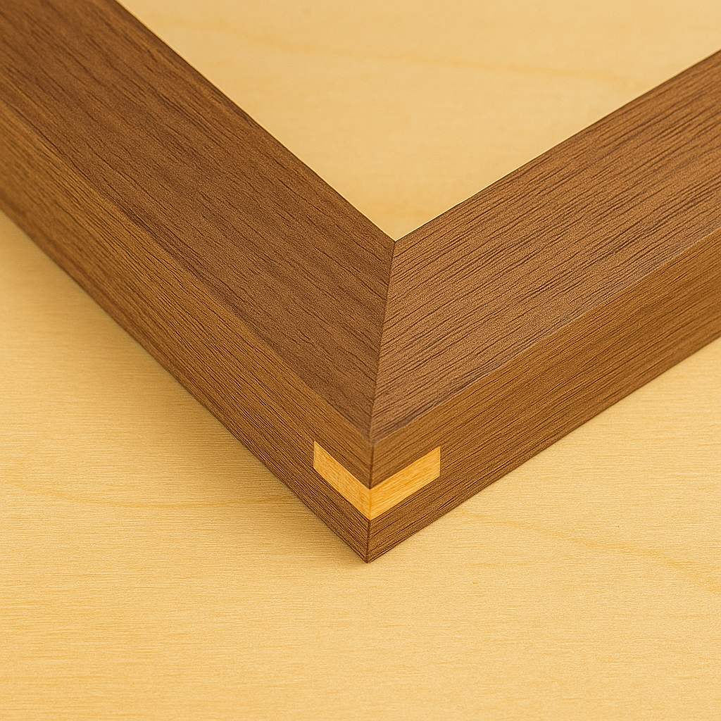 Maple spline added to a walnut frame corner after clamps were removed