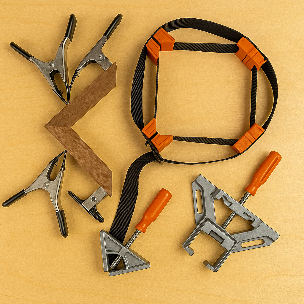  Close‑up of spring miter clamps holding a walnut picture frame corner f