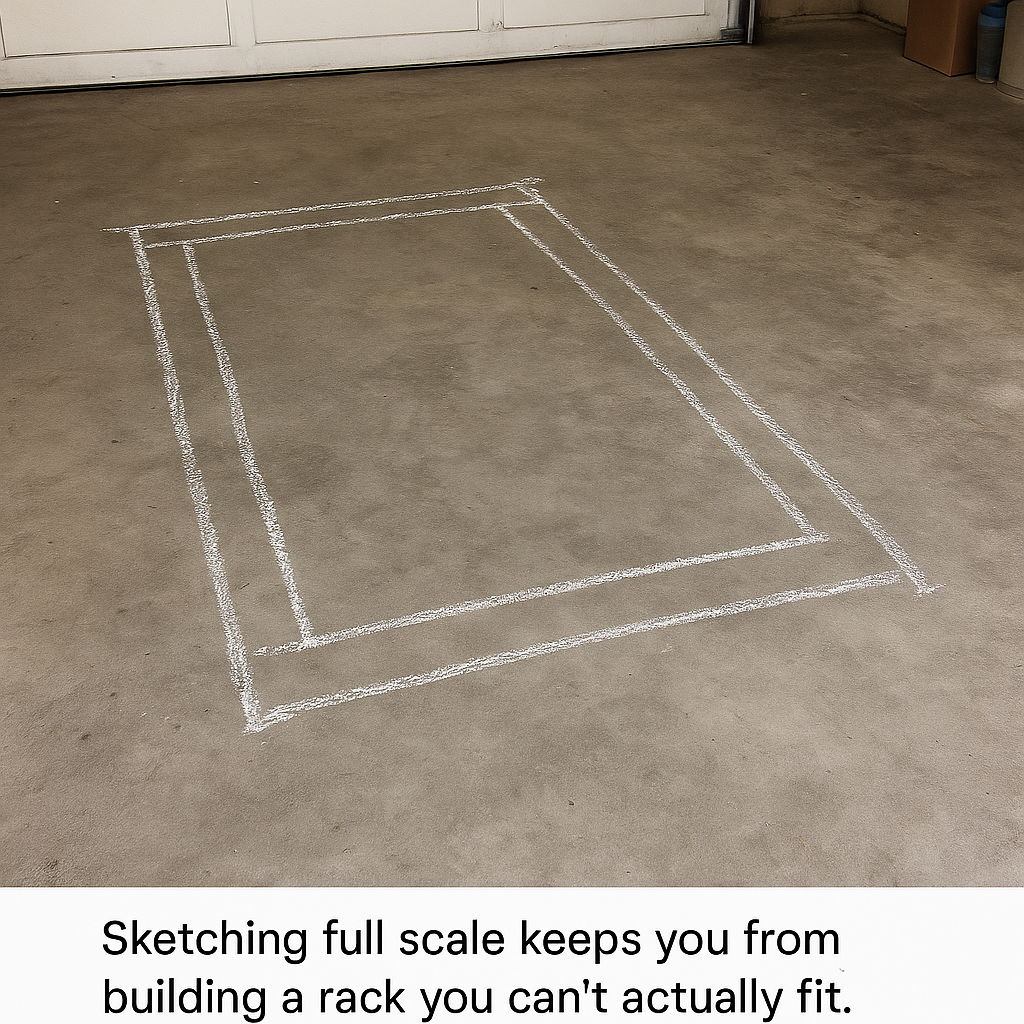 Rough chalk outline of cabinet footprint on garage floor