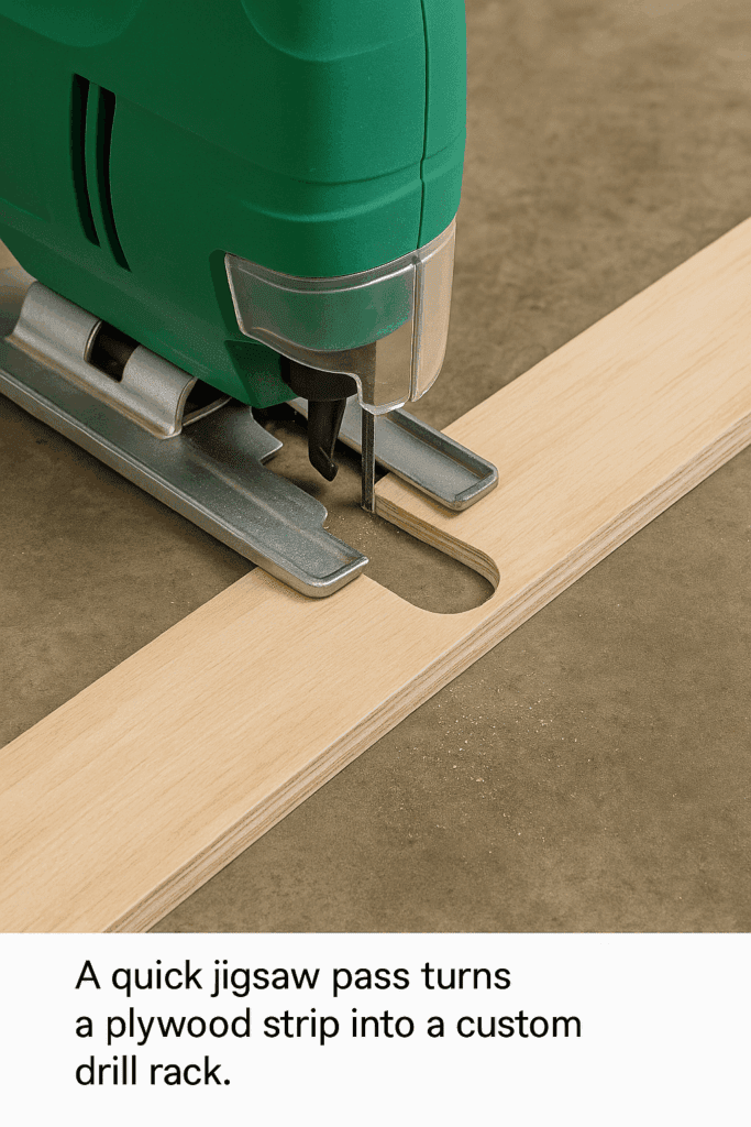 Close-up of jigsaw cutting U-slot for drill handle