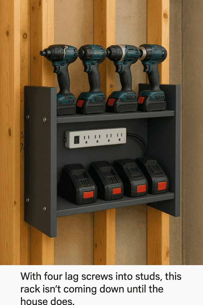  Painted cordless tool storage rack lag-bolted to garage studs