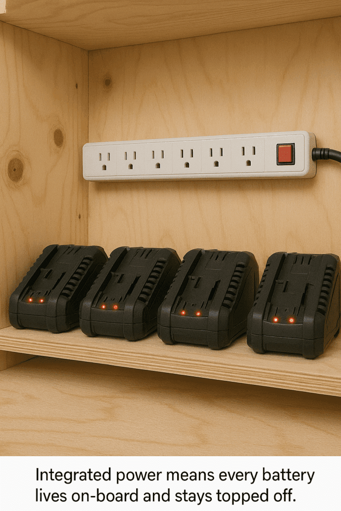 Power strip mounted inside plywood rack with chargers plugged in