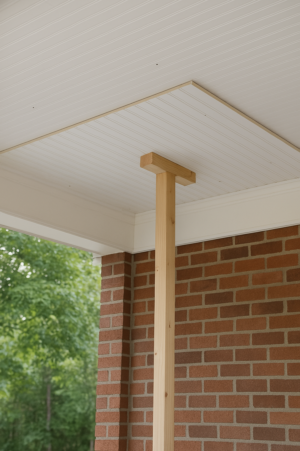 DIYer using wooden T-brace to install beaded plywood ceiling panel