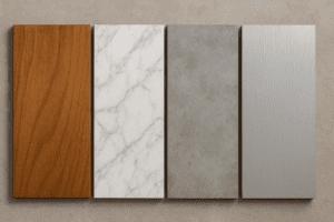 Examples of plywood finished to look like hardwood, marble, concrete, and steel