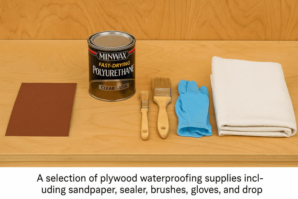A selection of plywood waterproofing supplies including sandpaper, sealer, brushes, gloves, and drop cloth