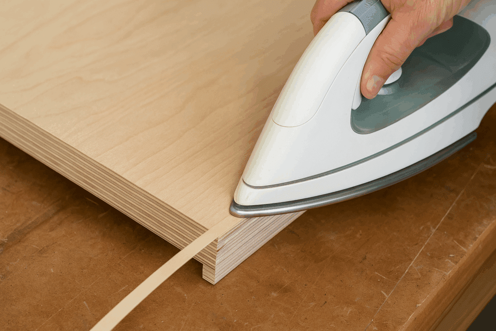 Edge banding being applied to birch plywood with a household iron