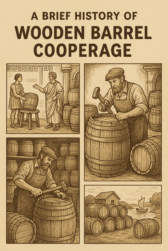 Illustrated history of wooden barrel cooperage showing Roman and medieval coopers shaping, assembling, and storing barrels in a workshop and outdoor setting