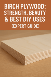 Featured image showing a clean birch plywood panel with layered edges beneath the title "Birch Plywood: Strength, Beauty & Best DIY Uses (Expert Guide)" in bold white text on a burnt orange background