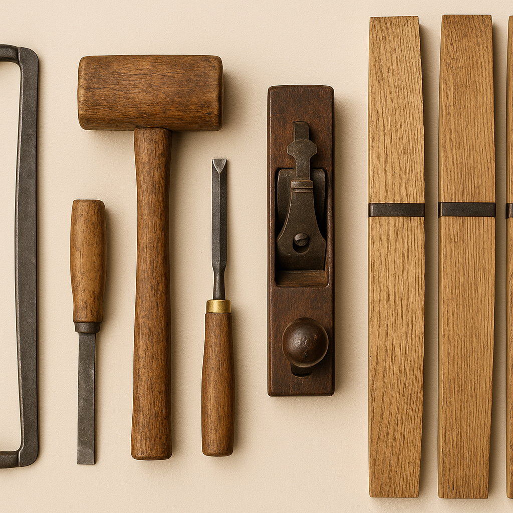 Essential tools for barrel making including drawknife, hammer, chisel, and wooden staves