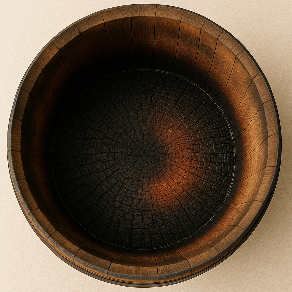 Interior of a charred oak barrel showing toasting for watertight sealing