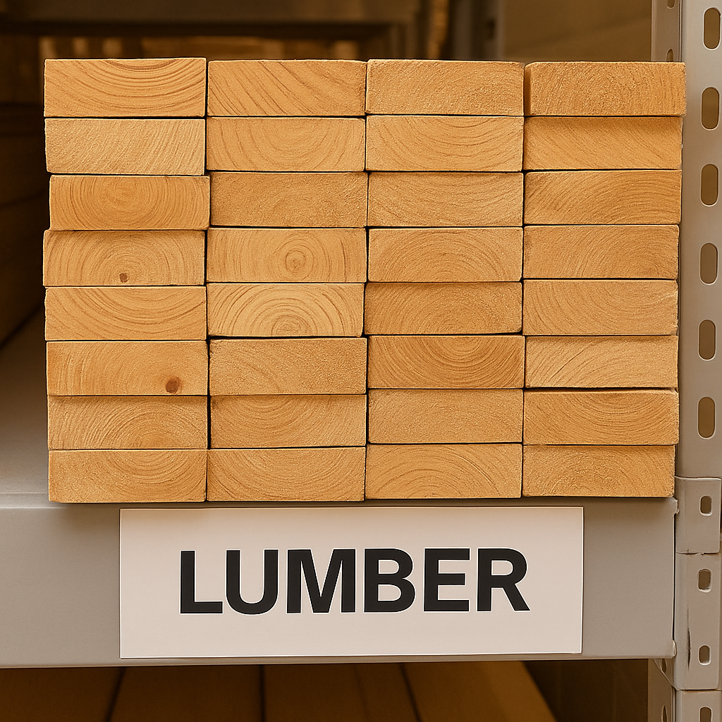 Stack of timber labeled as lumber in UK hardware store