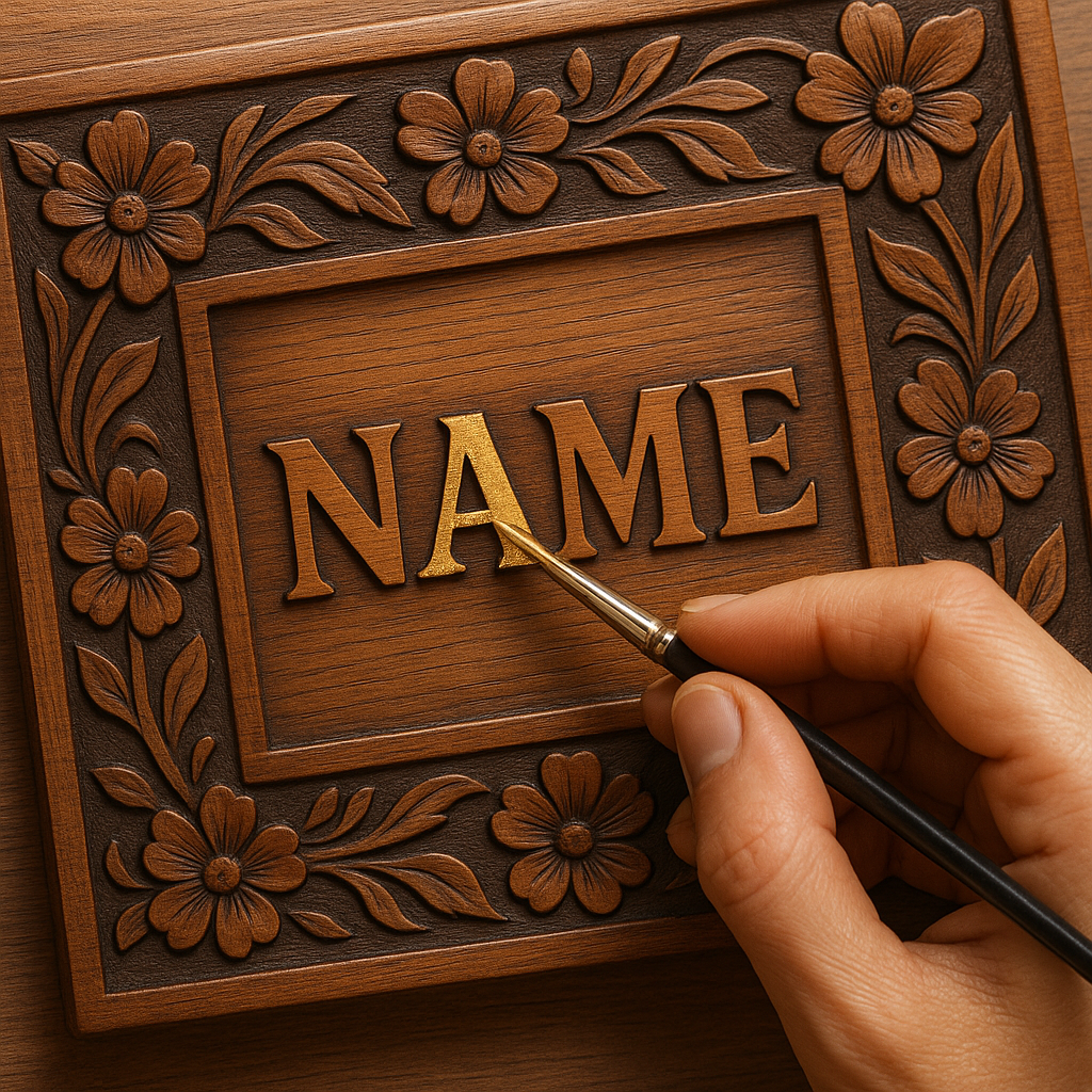 Applying gold paint inside engraved letters on a custom name plate