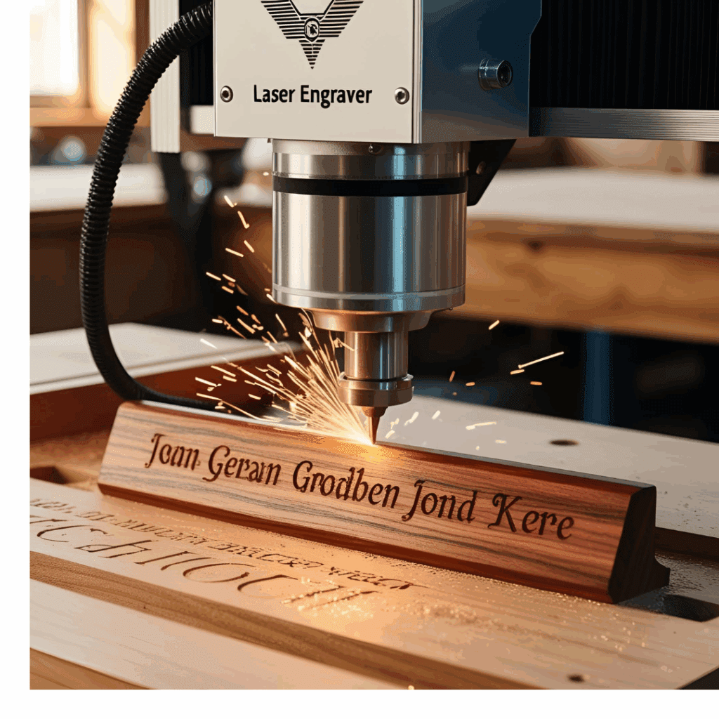 Laser engraver machine etching text onto a wooden name plate