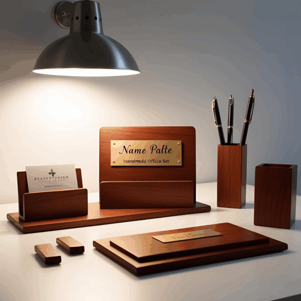 Matching handmade wooden office set with name plate, card holder, and pen stand