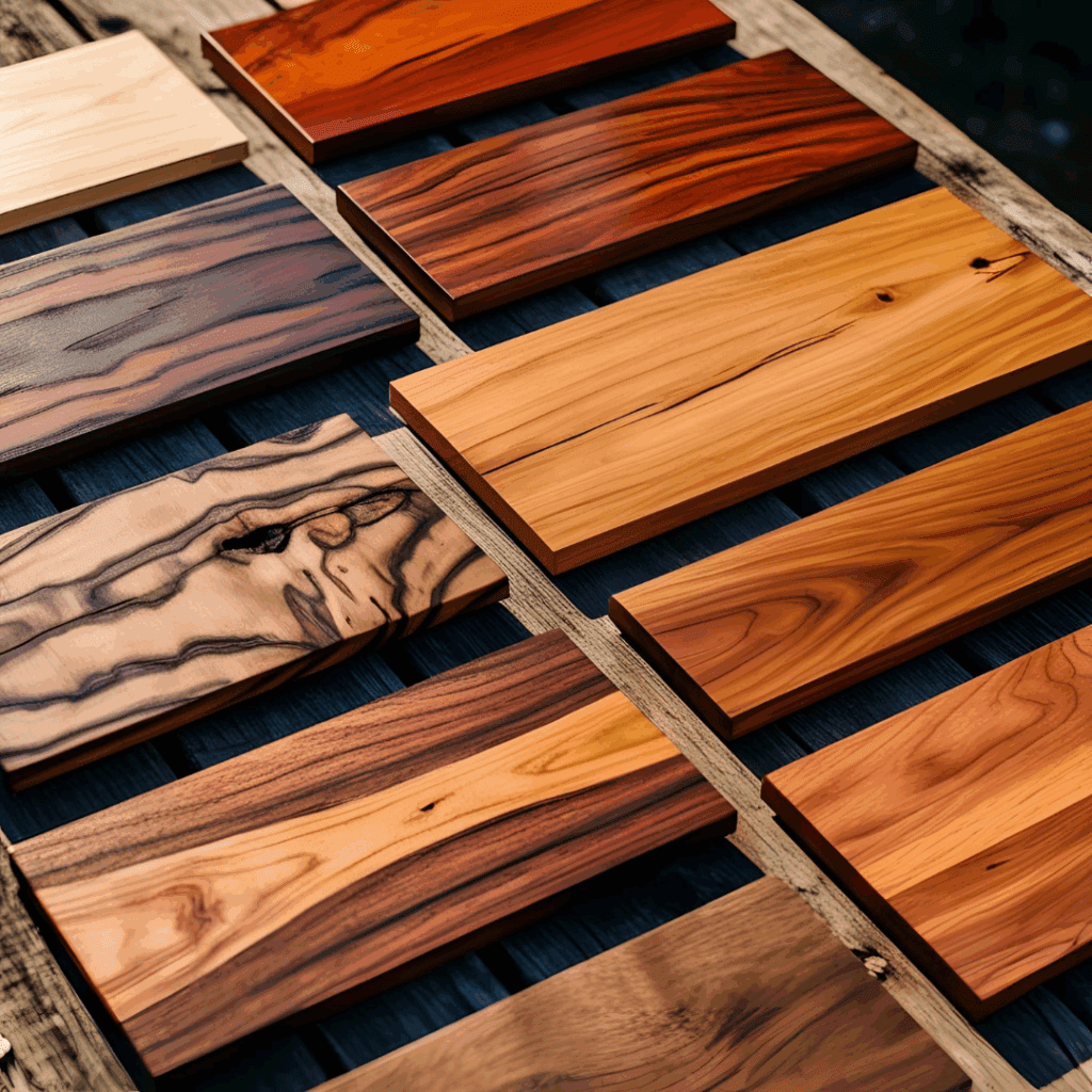 Different hardwood samples for custom wooden name plates