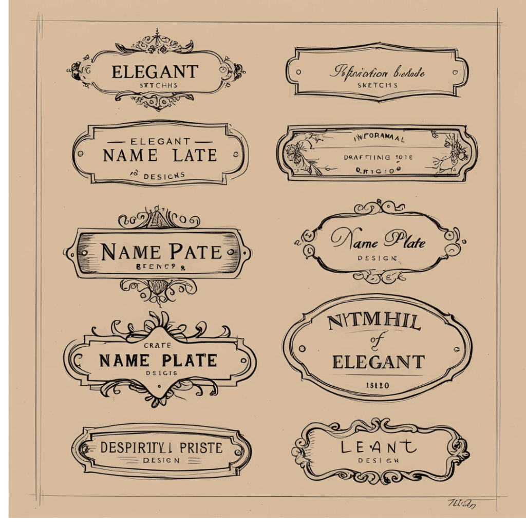 Sketches of name plate designs on drafting paper