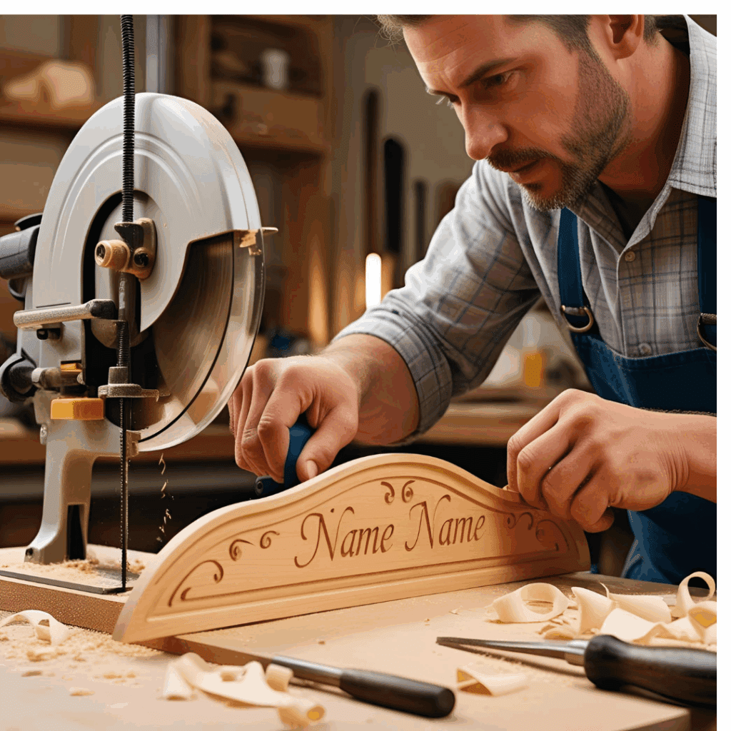 Using a scroll saw to cut a curved wooden name plate