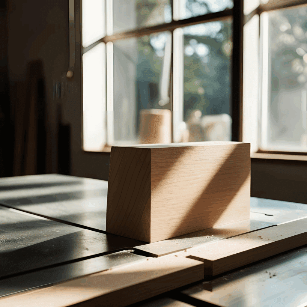 Beveled wooden block on a table saw