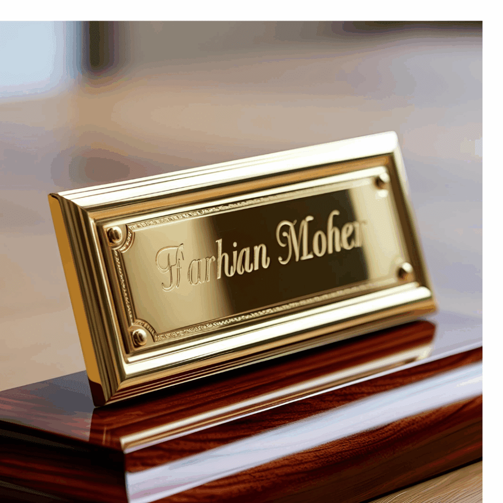 Close-up of a brass name plate attached to a wood base