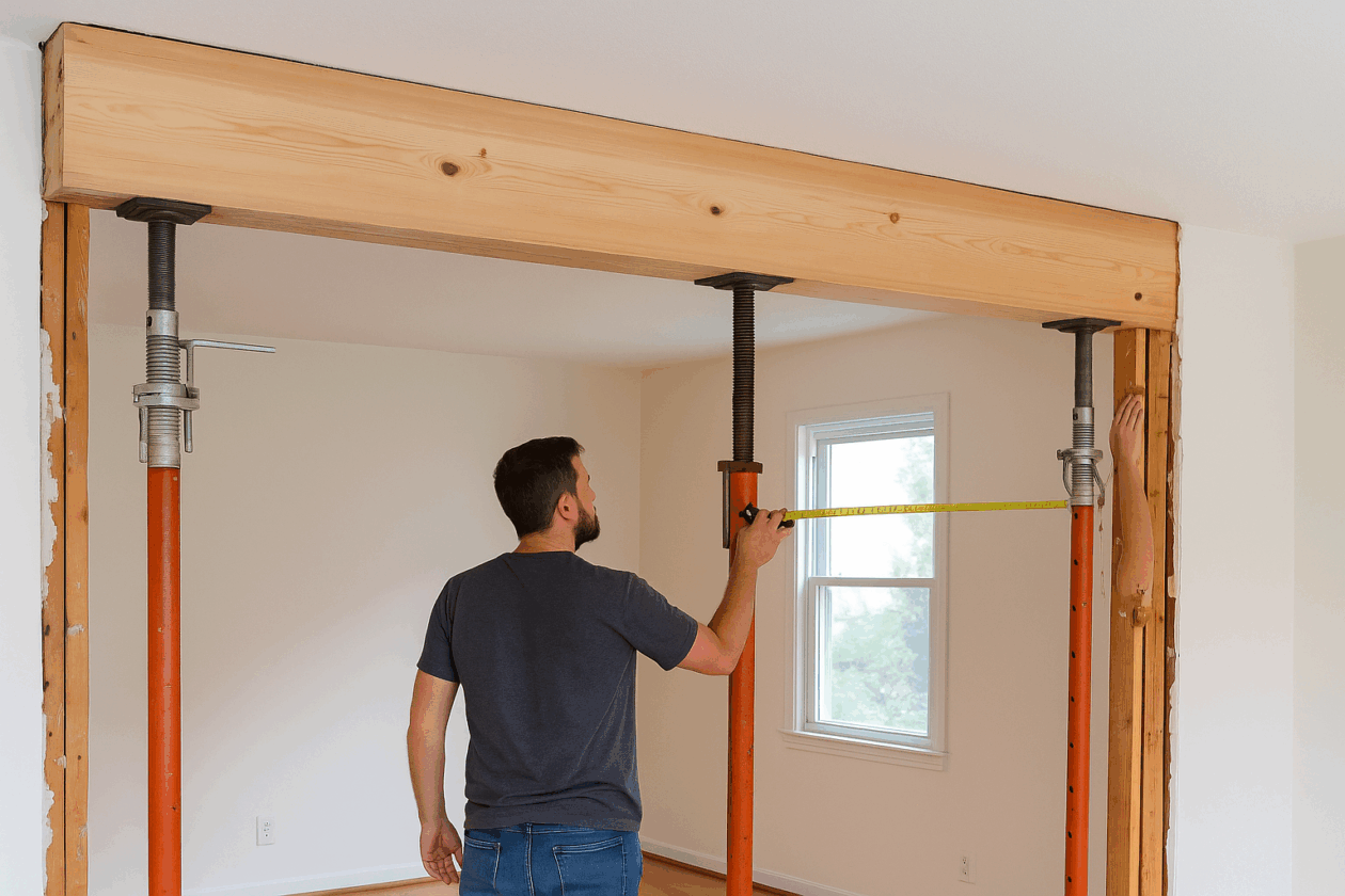 Man measuring a newly installed wooden beam replacing a load-bearing wall during home renovation.
