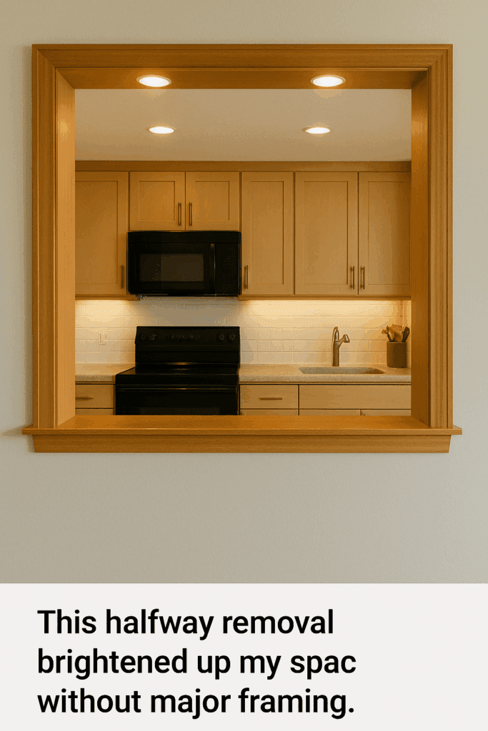Kitchen pass-through trimmed in wood with lighting above