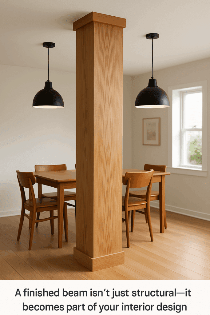 Wood-wrapped support beam with matching flooring and pendant lighting