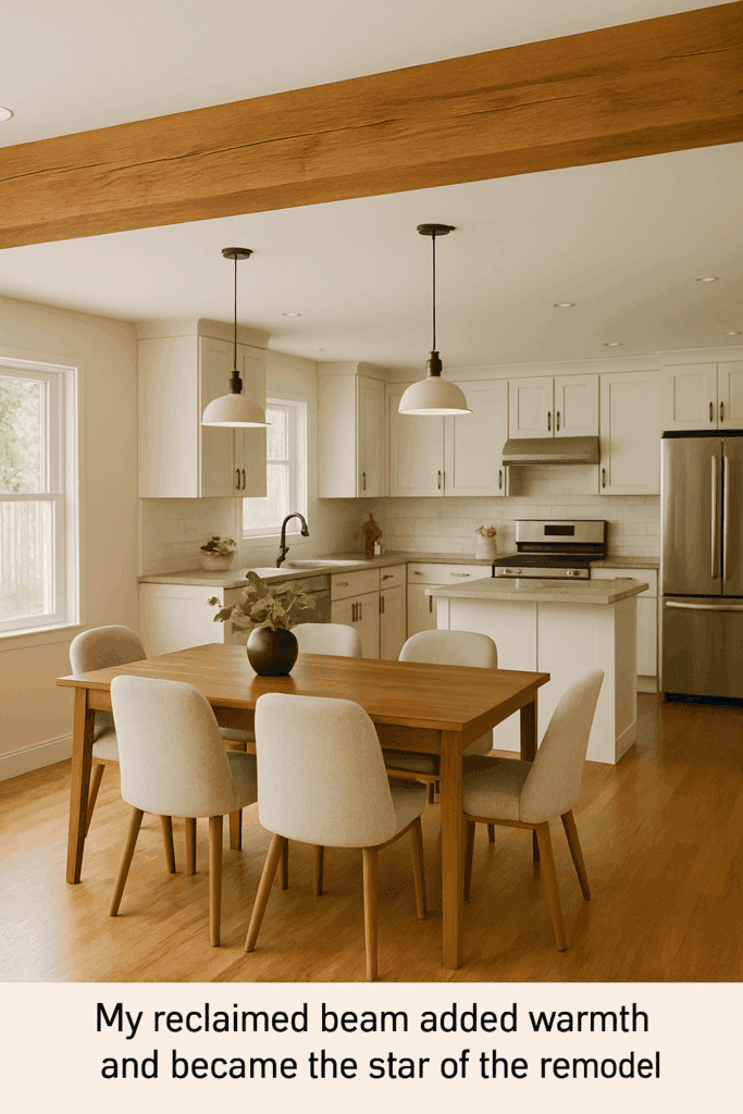 Open kitchen-dining space with overhead wood-wrapped beam. 