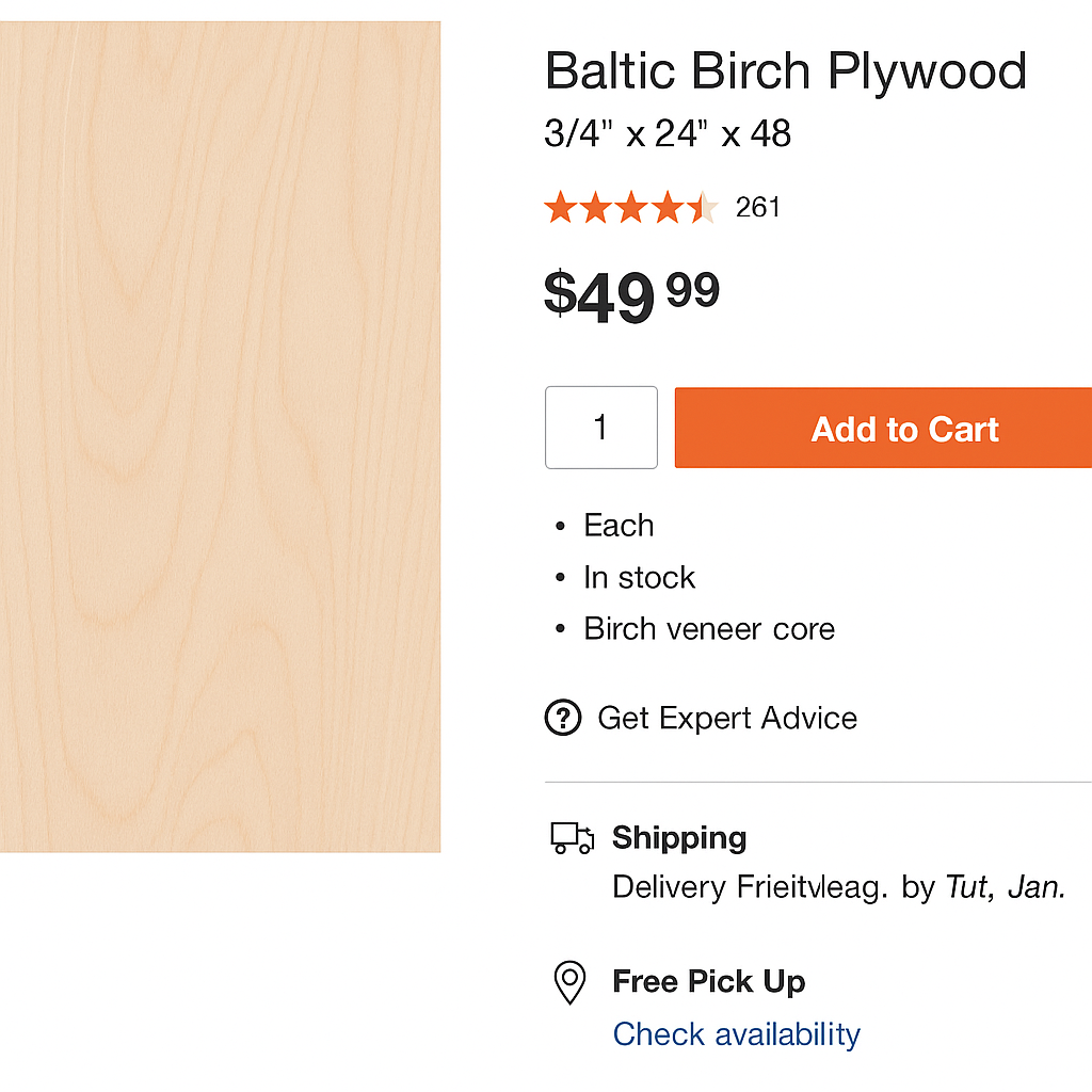  Online plywood listing with detailed specs and delivery options

