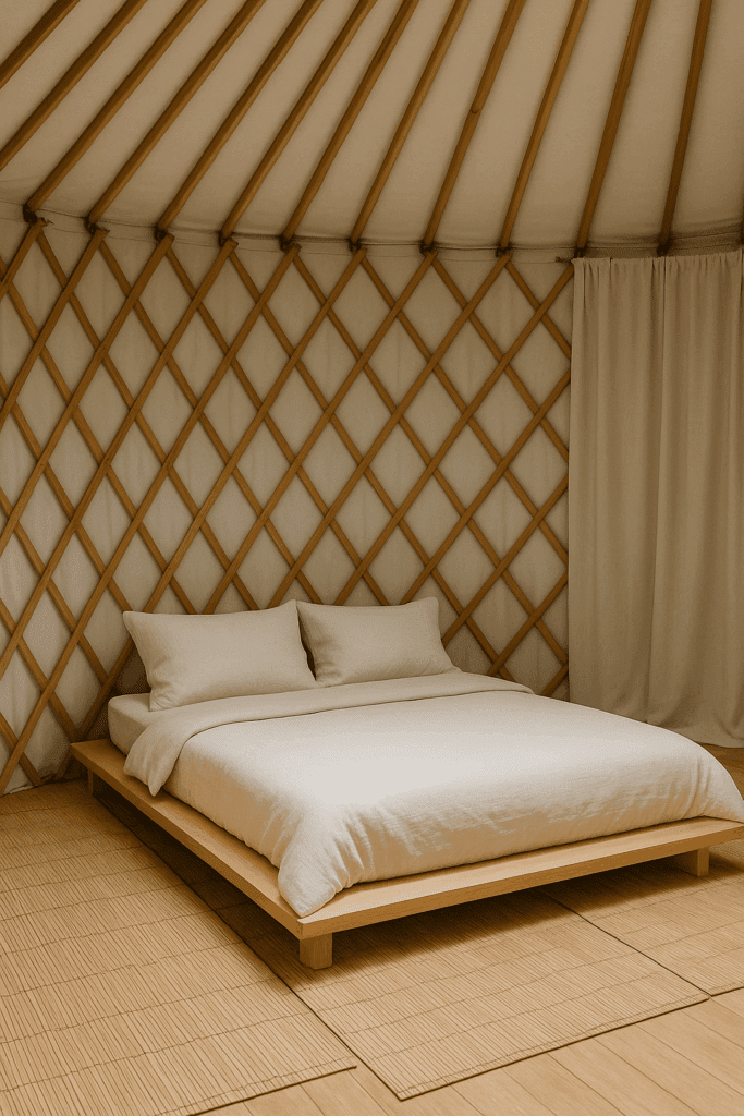 Minimalist Zen: Bamboo mats, a platform bed, and soft neutral curtains