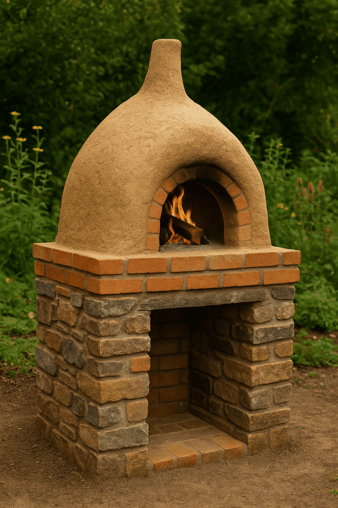 Raised cob oven base made from stacked bricks and stone