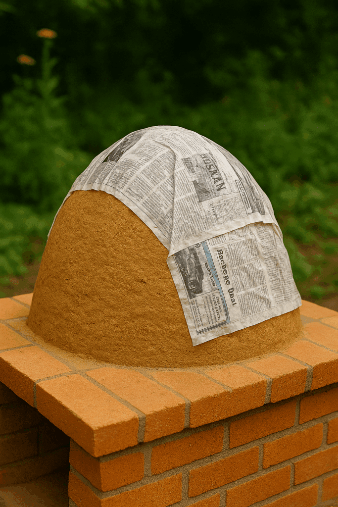 Sand dome covered with wet newspaper on firebrick hearth.