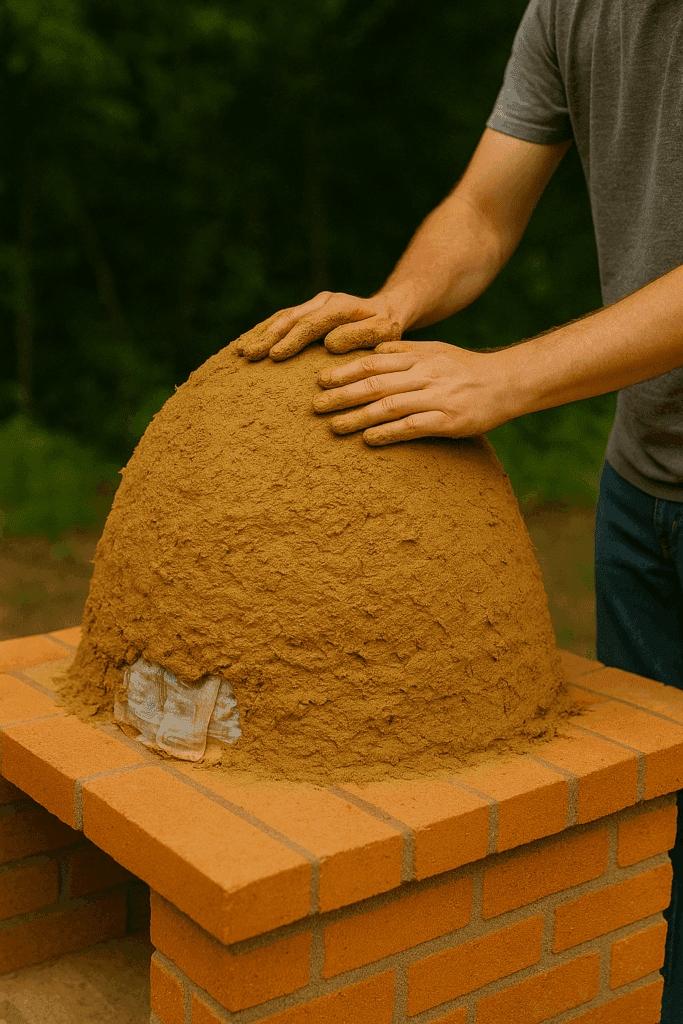 Builder applying cob by hand to form oven walls