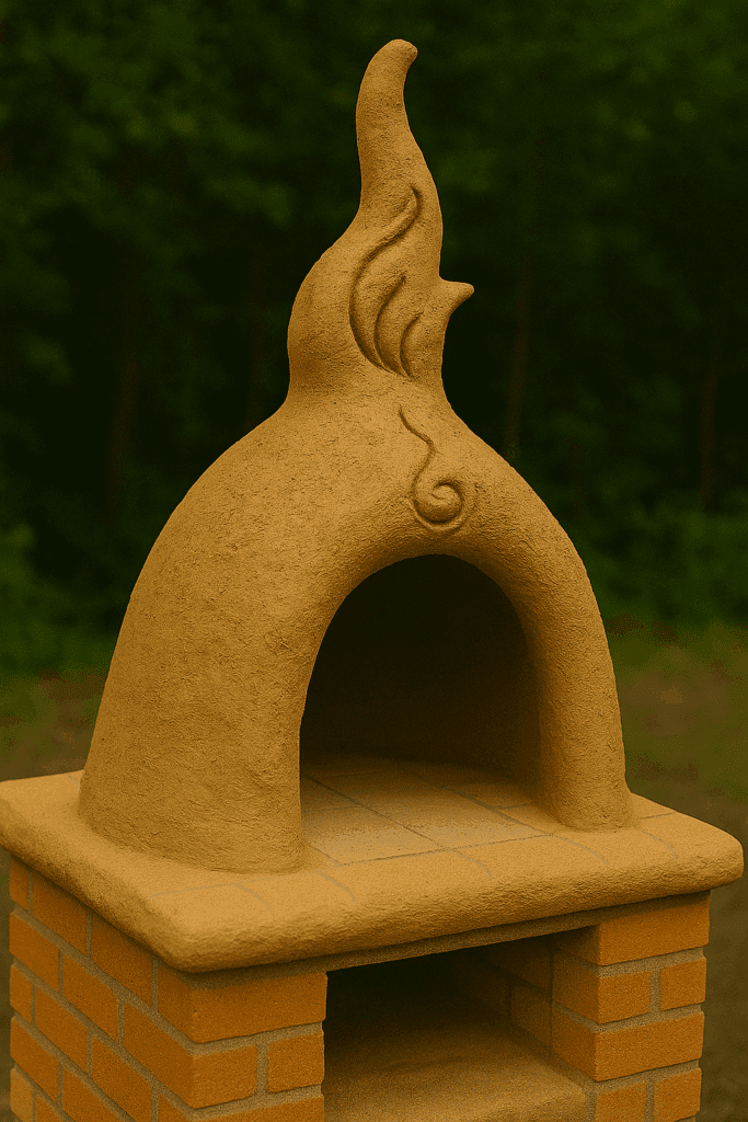 Finished cob oven with sculpted exterior and chimney vent.