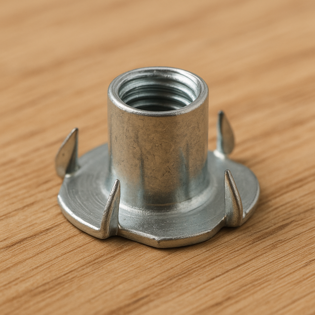 Close-up of a T-nut showing prongs and threaded barrel
