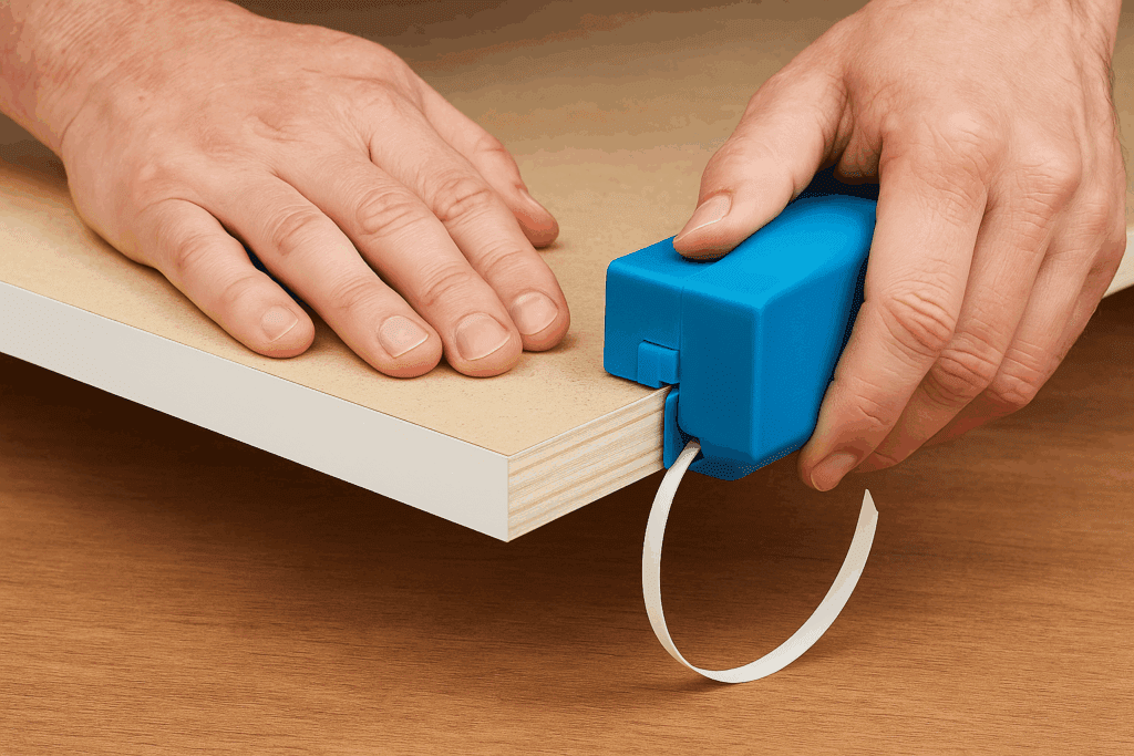 rimming excess edge banding with a hand trimmer