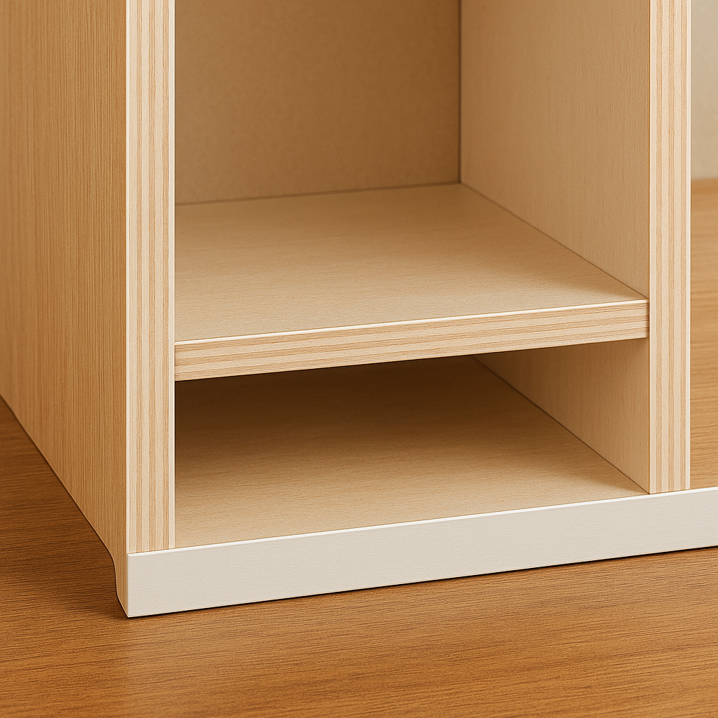 Edge-banded bookshelf with clean seams and finished plywood