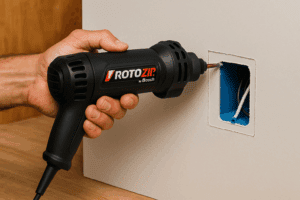 Cutting drywall with a Rotozip spiral saw around an electrical outlet