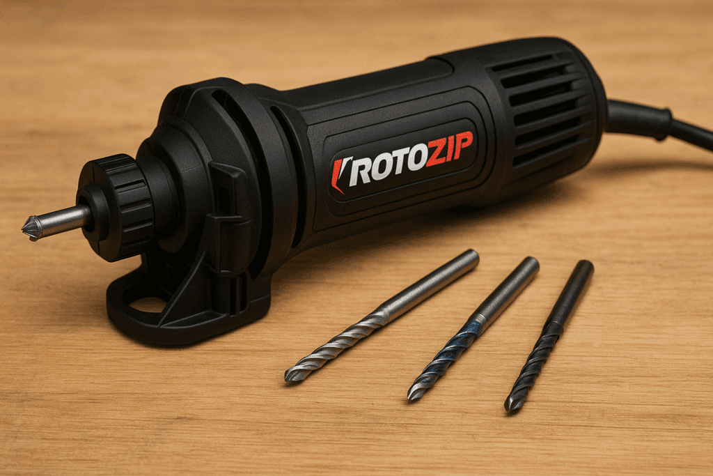 Rotozip spiral saw with multi-material bits on wooden workbench
