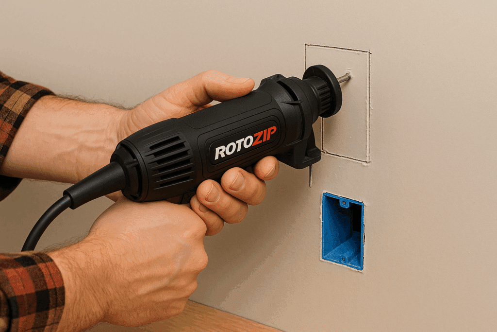 DIYer cutting an outlet box in drywall using Rotozip