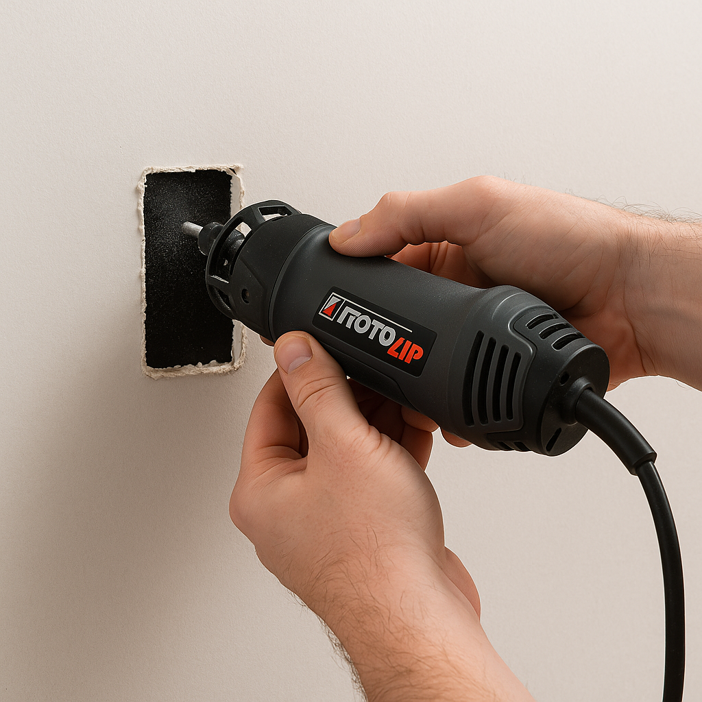 DIYer cutting an outlet box in drywall using Rotozip