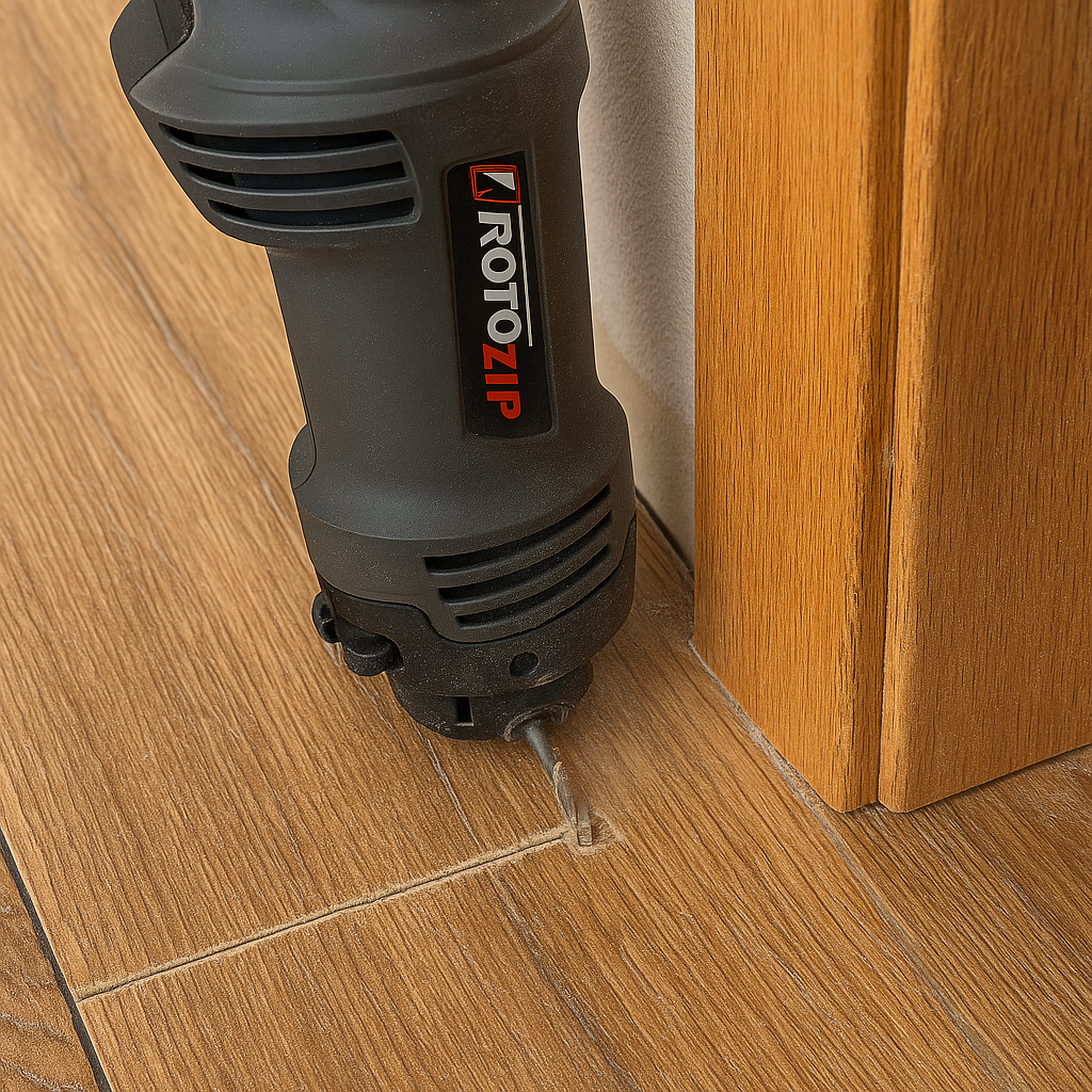 Rotozip spiral bit carving around the door frame on laminate flooring