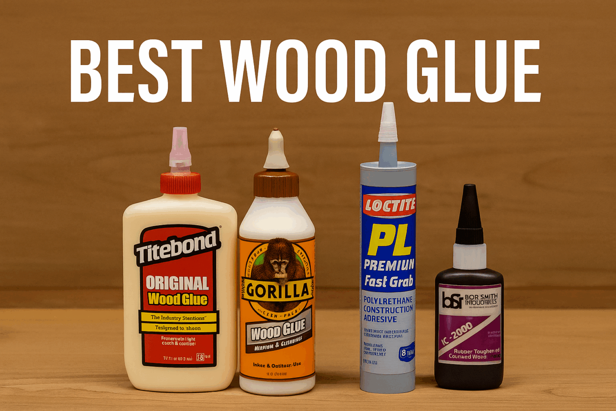 Four top wood glue brands—Titebond, Gorilla, Loctite, and Bob Smith Industries—displayed on a wooden surface with the title “BEST WOOD GLUE” in white above.